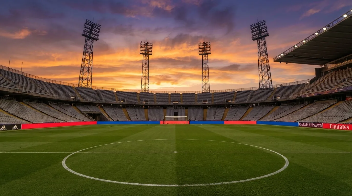 Un estadio de fútbol vacío con torres de iluminación al atardecer