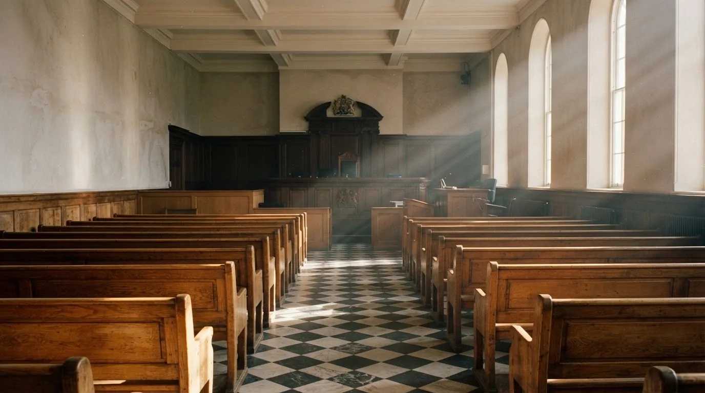 Una sala de tribunal vacía con bancos de madera a la luz de la mañana