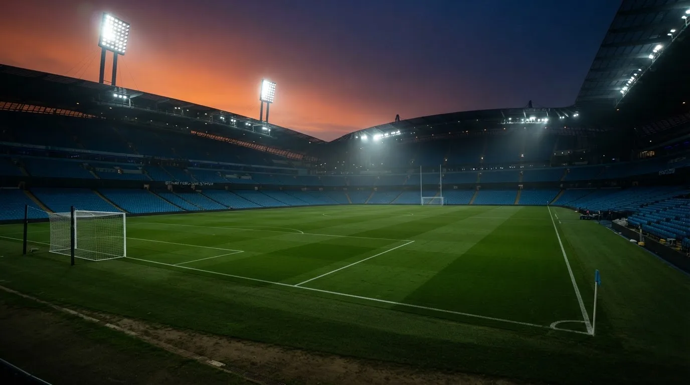 Un estadio de fútbol vacío con torres de iluminación al atardecer