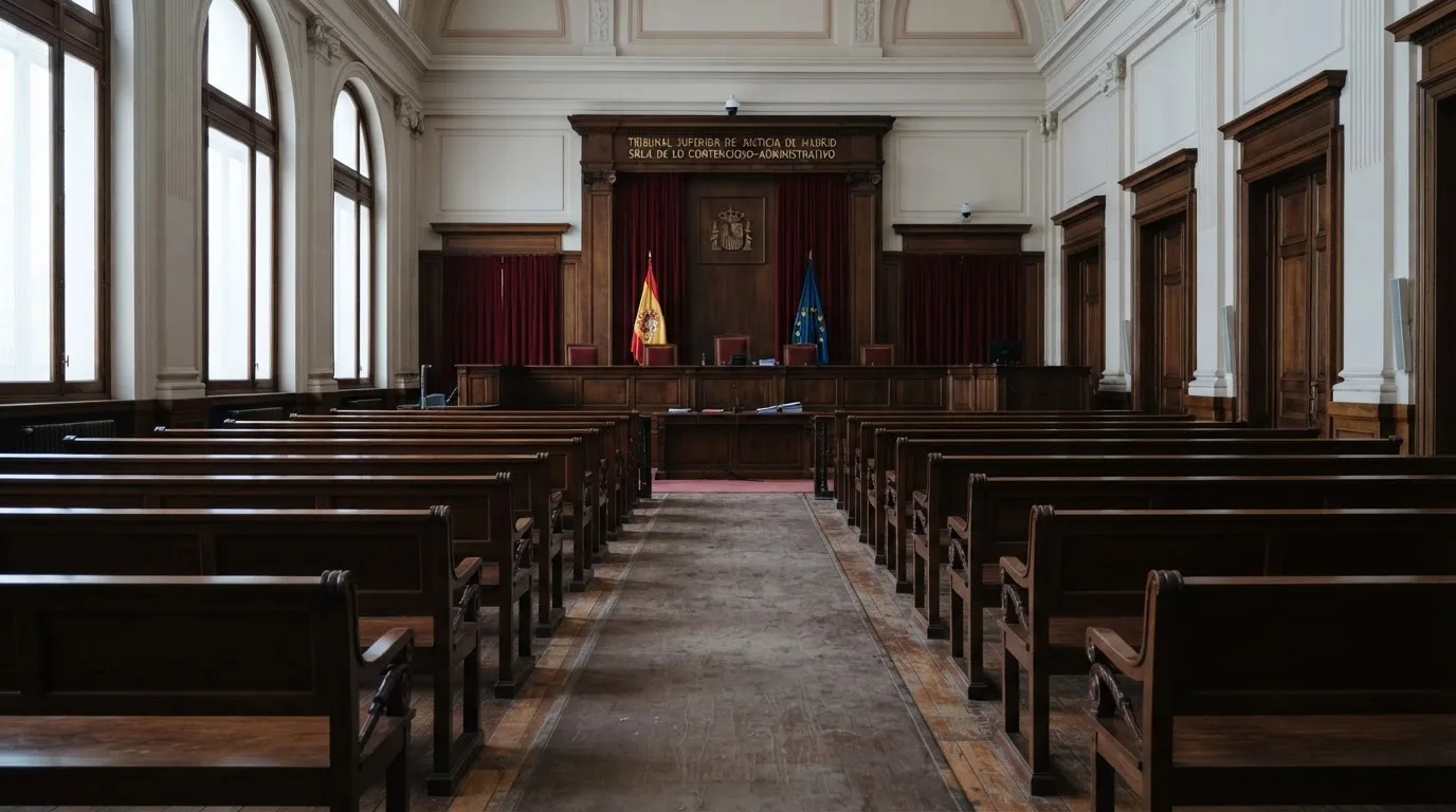 Una sala de tribunal vacía con bancos de madera a la luz de la mañana