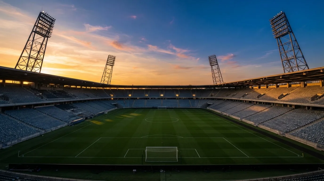 Un estadio de fútbol vacío con torres de iluminación al atardecer