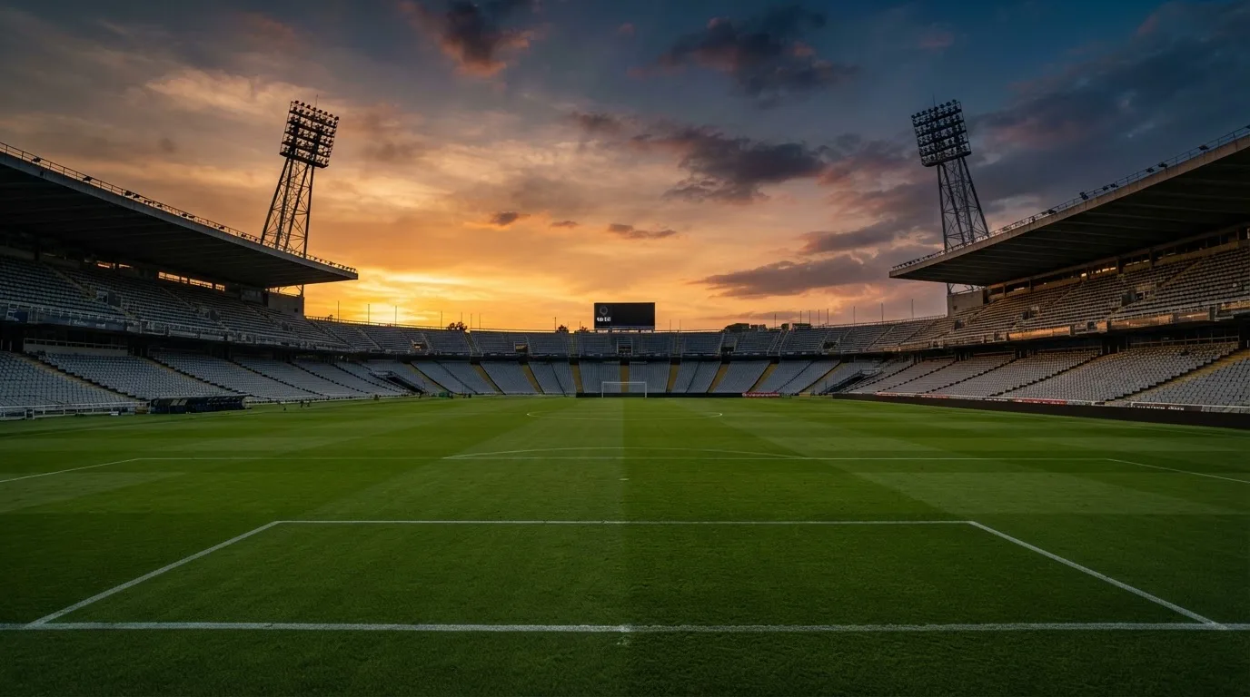 Un estadio de fútbol vacío con torres de iluminación al atardecer