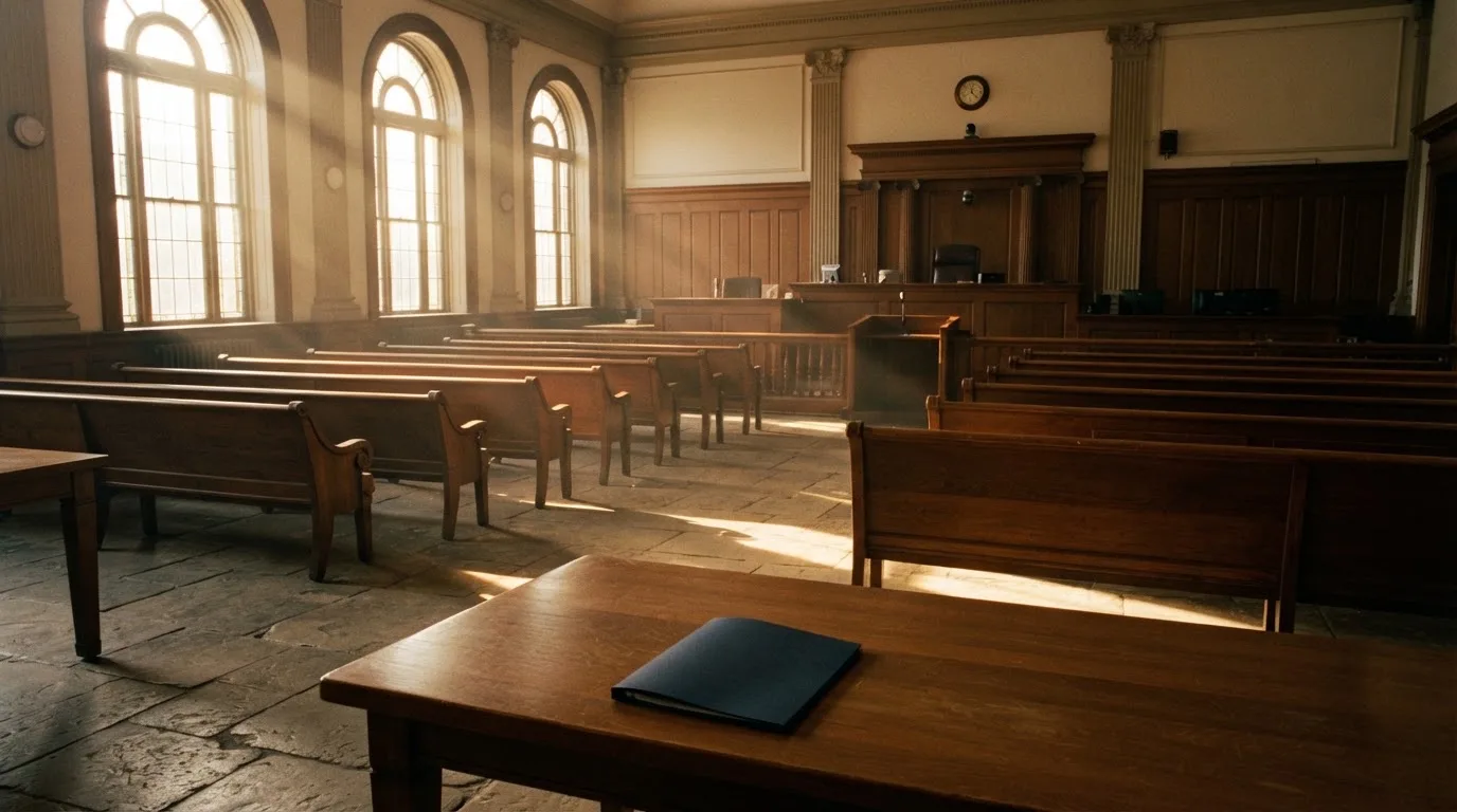 Una sala de tribunal vacía con bancos de madera a la luz de la mañana