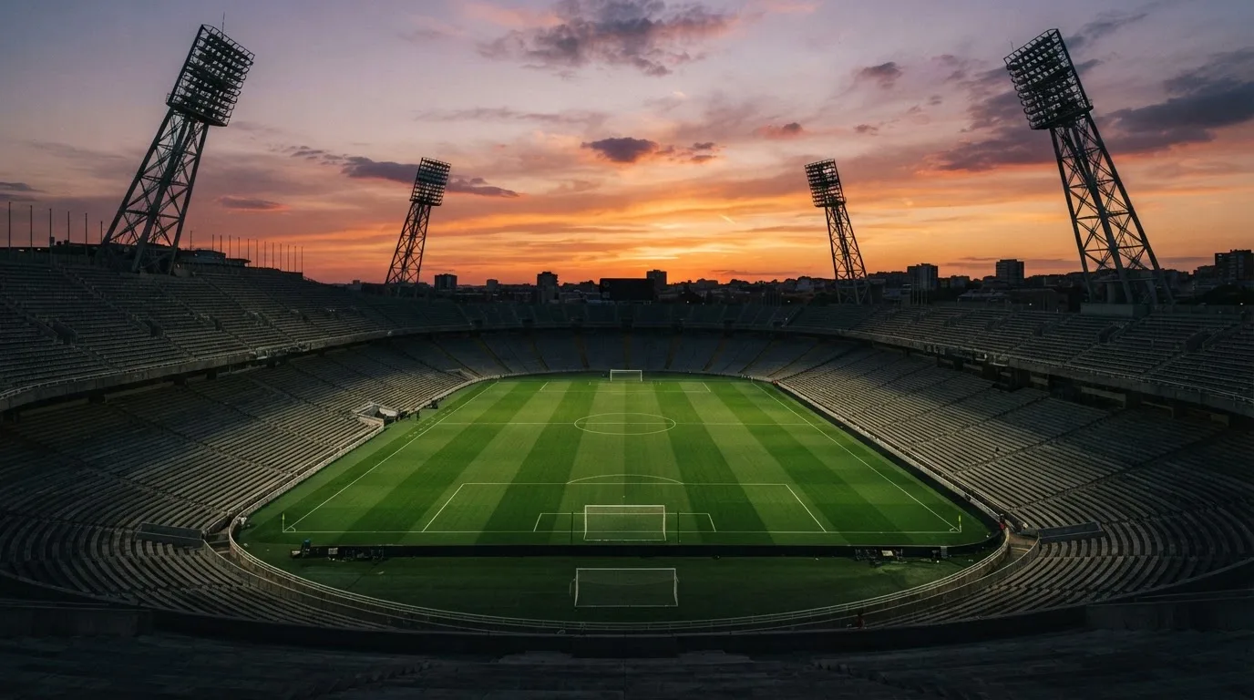 Un estadio de fútbol vacío con torres de iluminación al atardecer