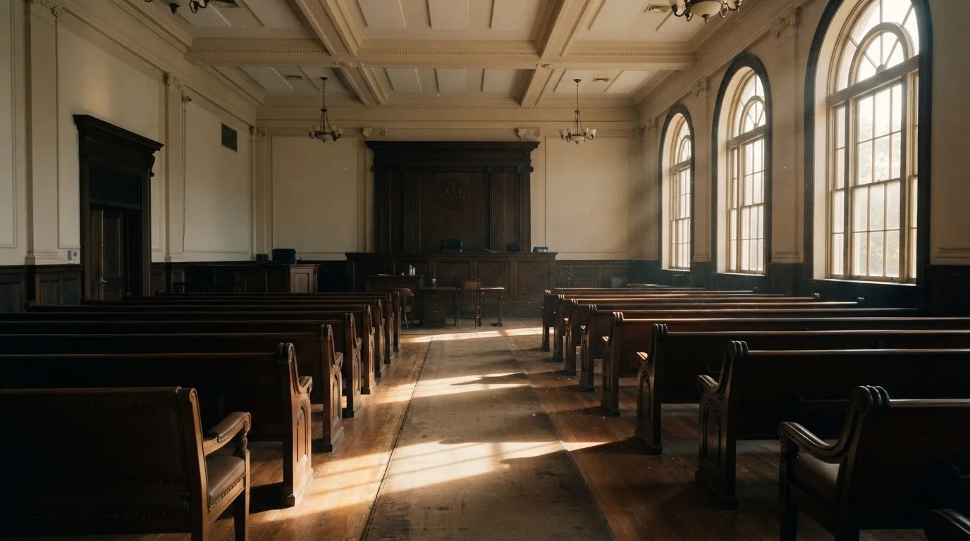 Una sala de tribunal vacía con bancos de madera a la luz de la mañana