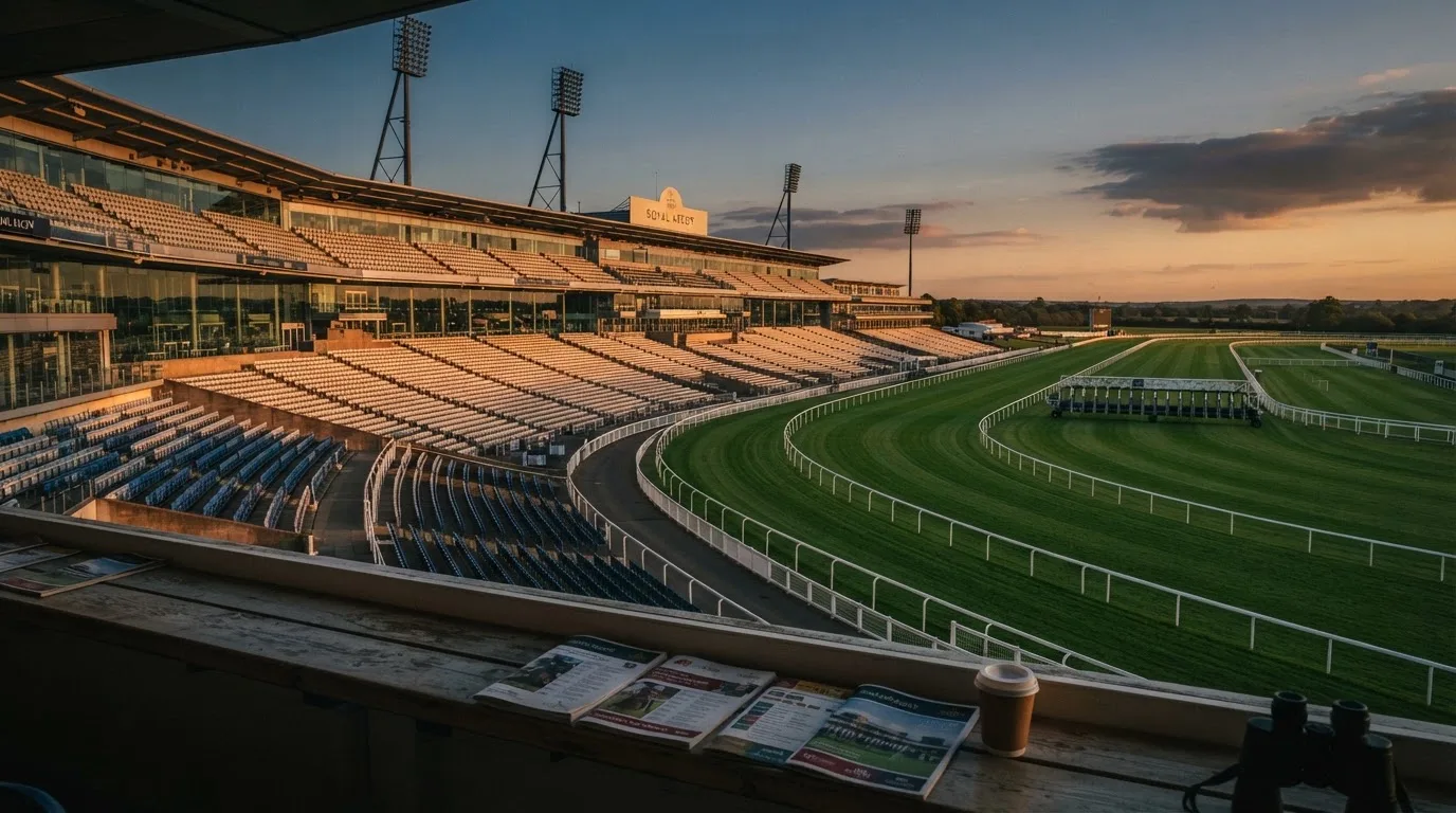 Un estadio de fútbol vacío con torres de iluminación al atardecer