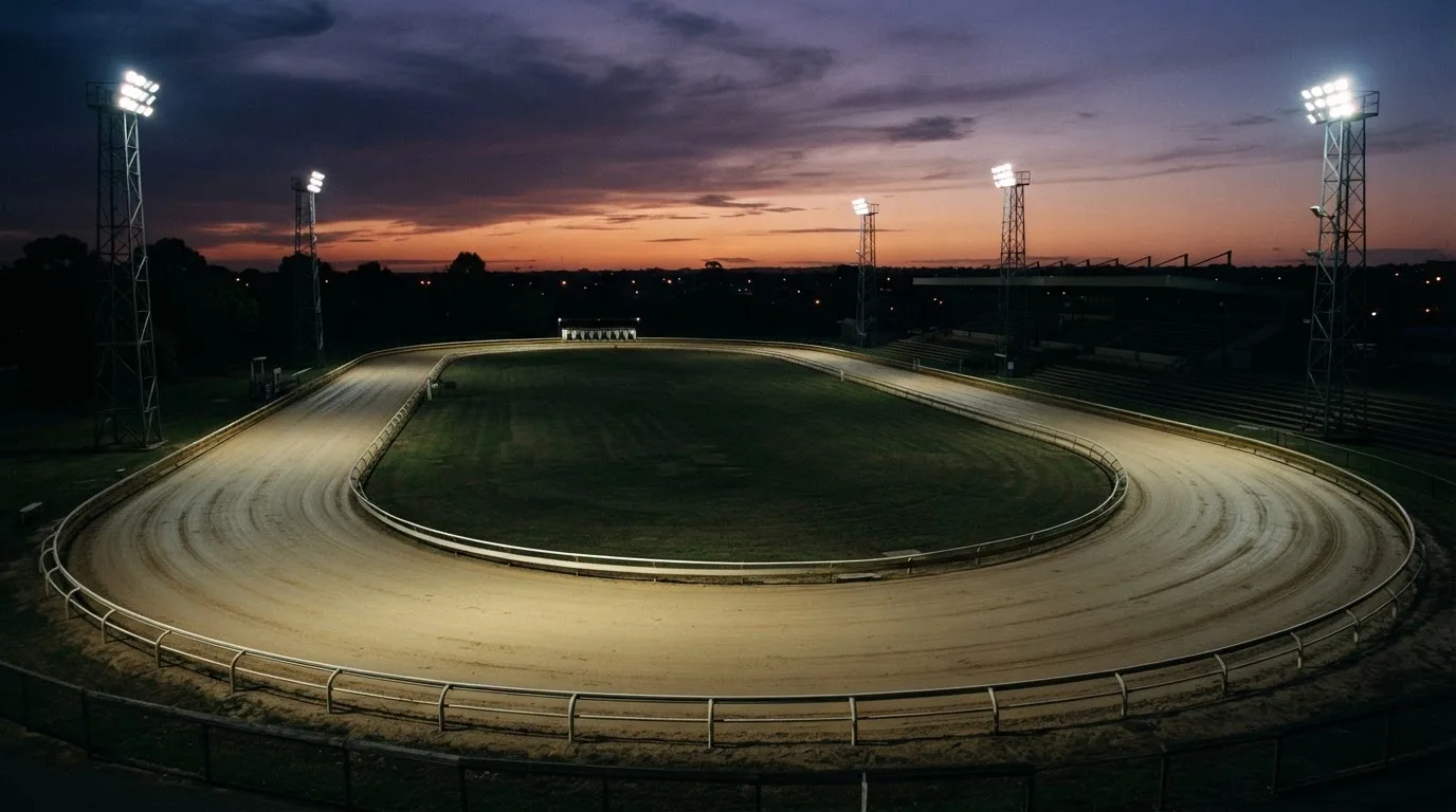 Un estadio de fútbol vacío con torres de iluminación al atardecer