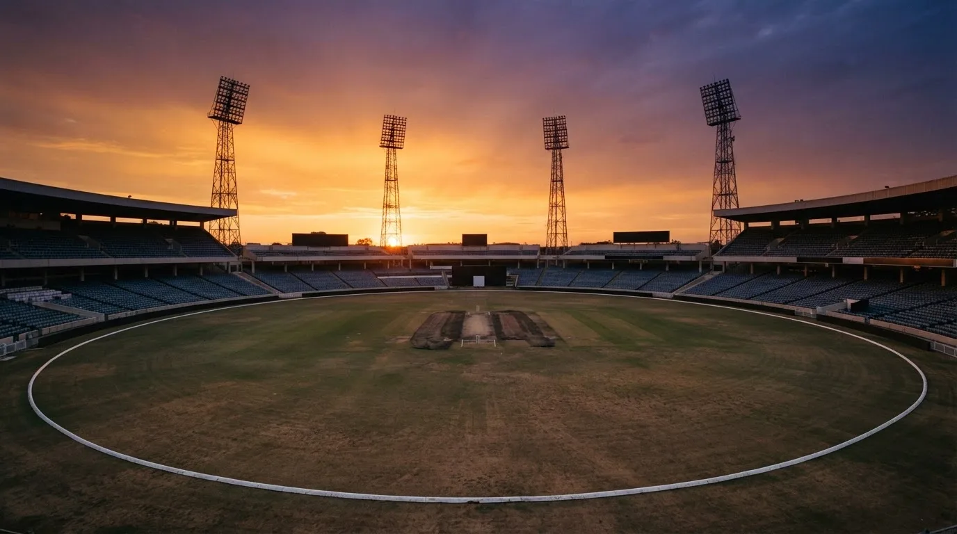 Un estadio de fútbol vacío con torres de iluminación al atardecer