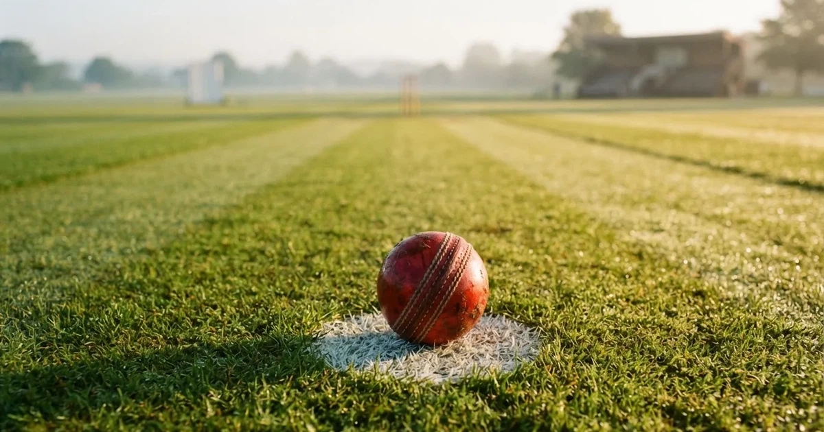 Un balón en el punto central de un campo de césped a la luz de la mañana