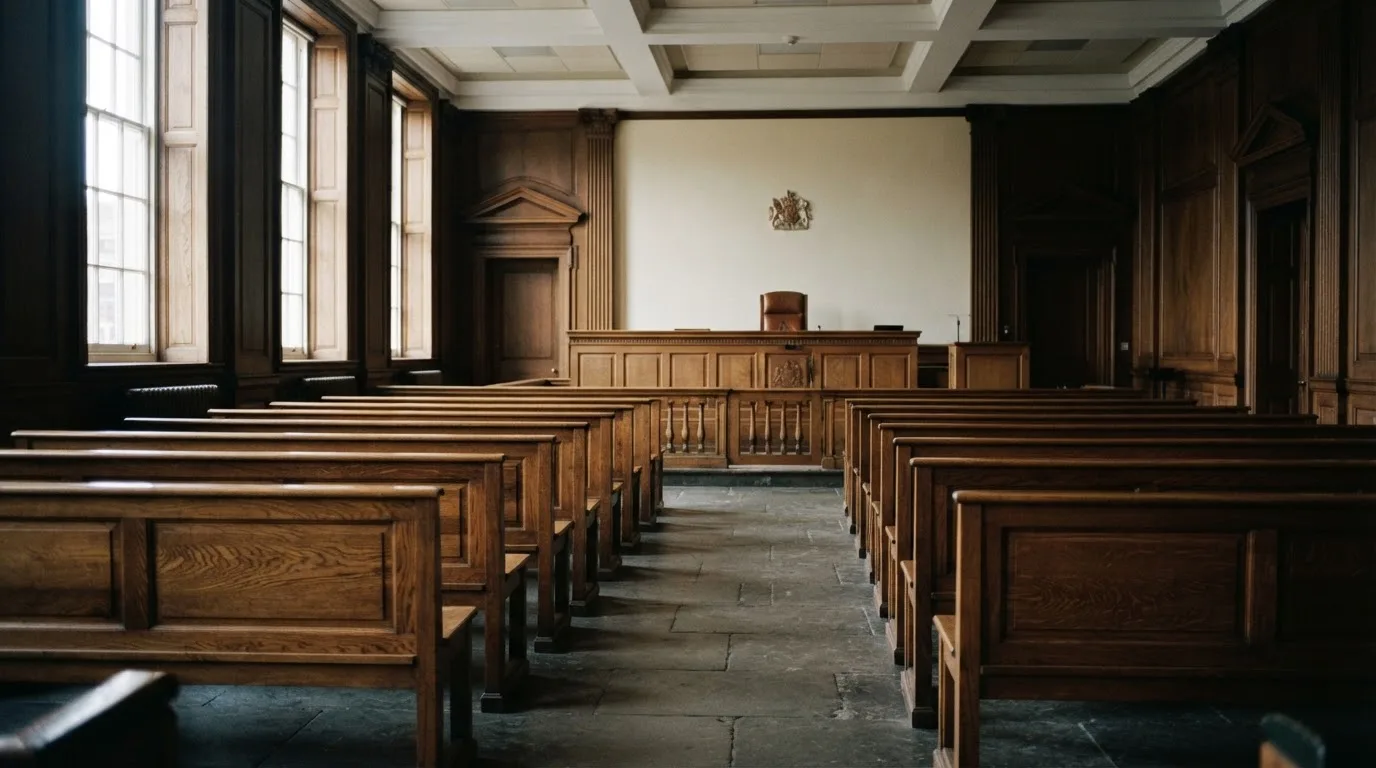 Una sala de tribunal vacía con bancos de madera a la luz de la mañana
