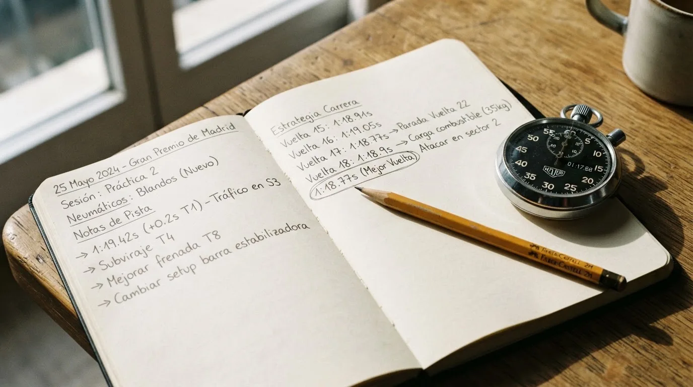 Un cuaderno abierto con un lápiz y un cronómetro sobre una mesa de madera