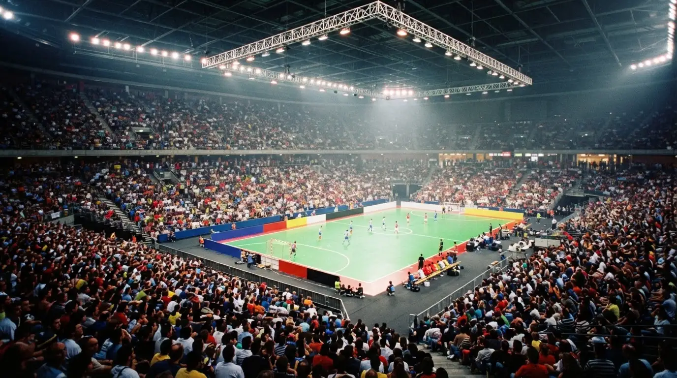 Un pabellón deportivo lleno bajo los focos, fotografiado desde muy lejos
