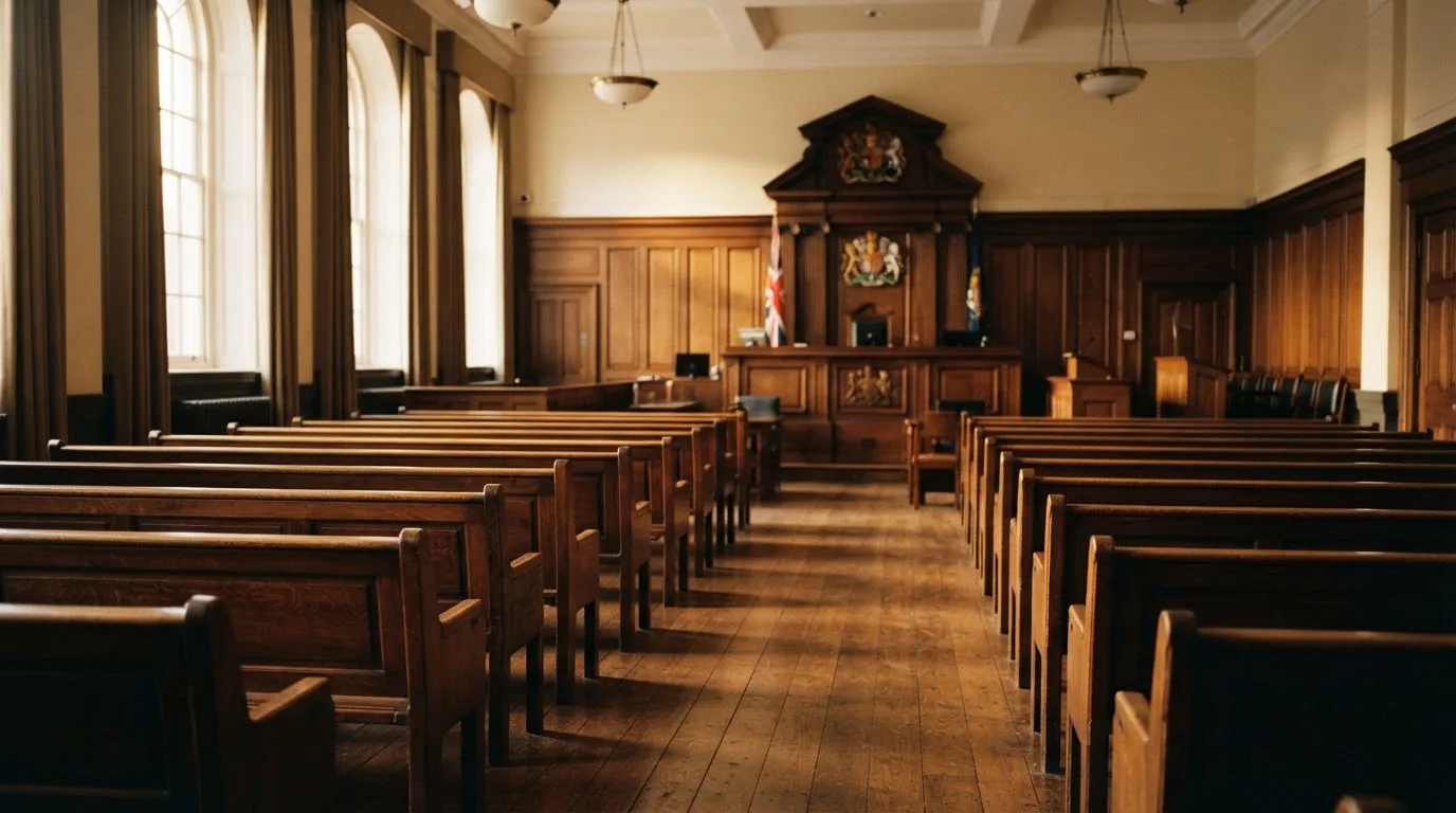 Una sala de tribunal vacía con bancos de madera a la luz de la mañana