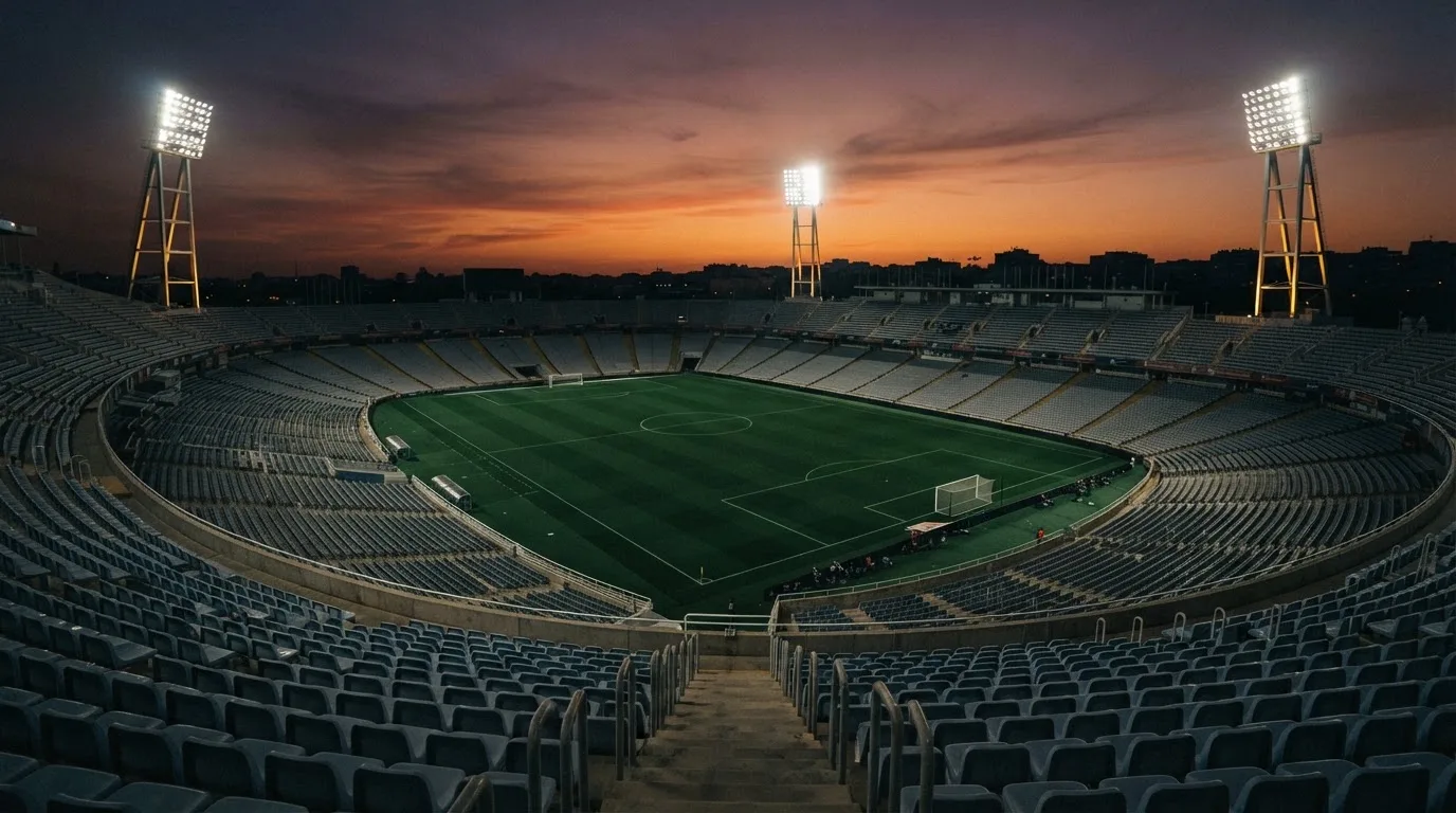 Un estadio de fútbol vacío con torres de iluminación al atardecer