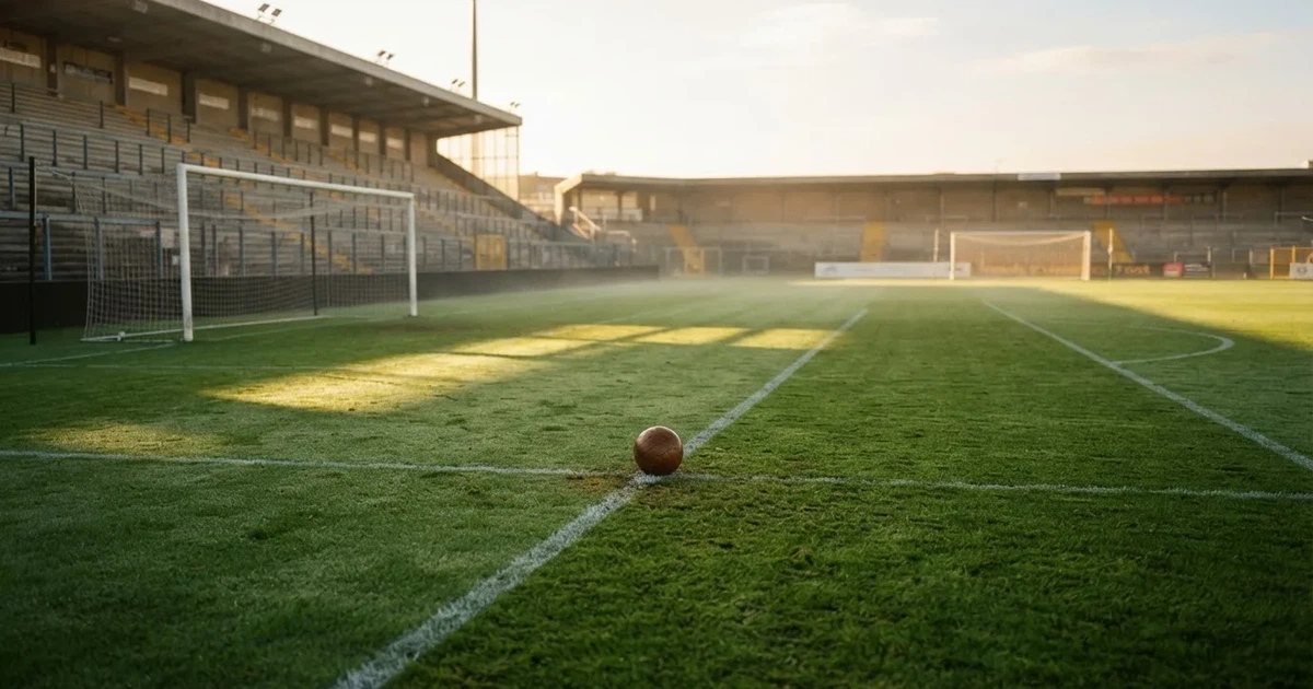 Un balón en el punto central de un campo de césped a la luz de la mañana