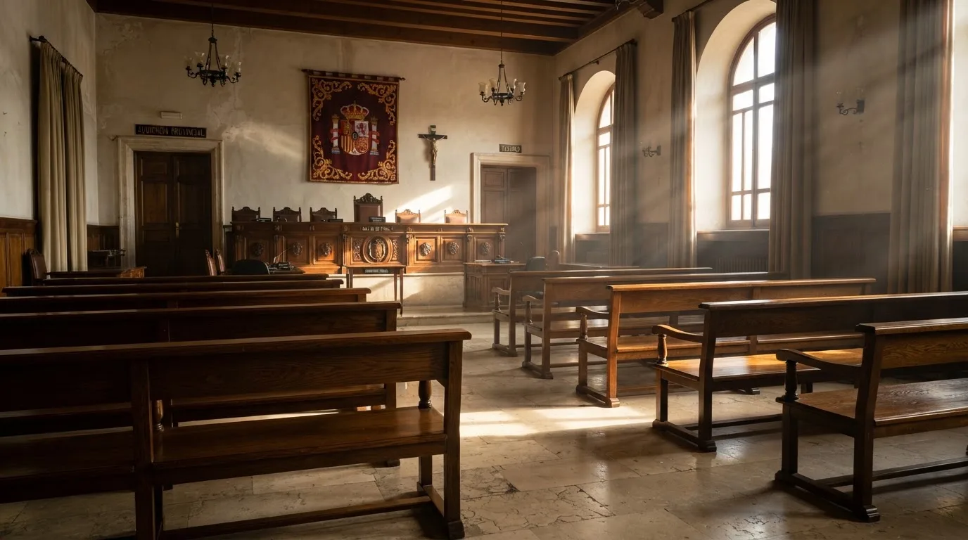 Una sala de tribunal vacía con bancos de madera a la luz de la mañana