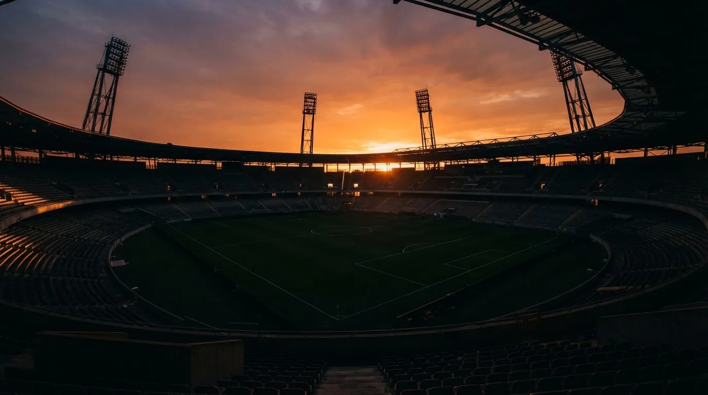 Un estadio de fútbol vacío con torres de iluminación al atardecer
