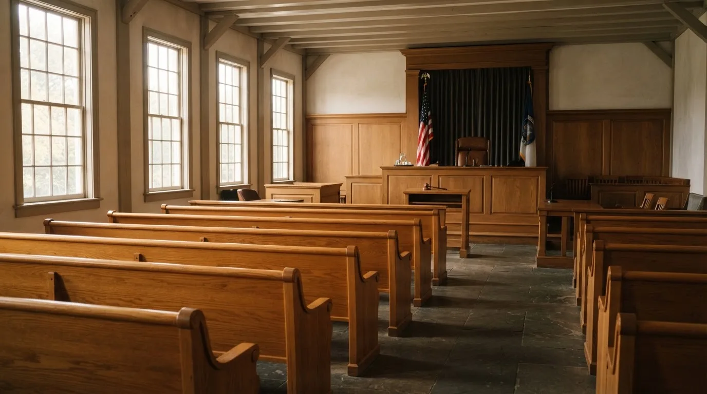 Una sala de tribunal vacía con bancos de madera a la luz de la mañana