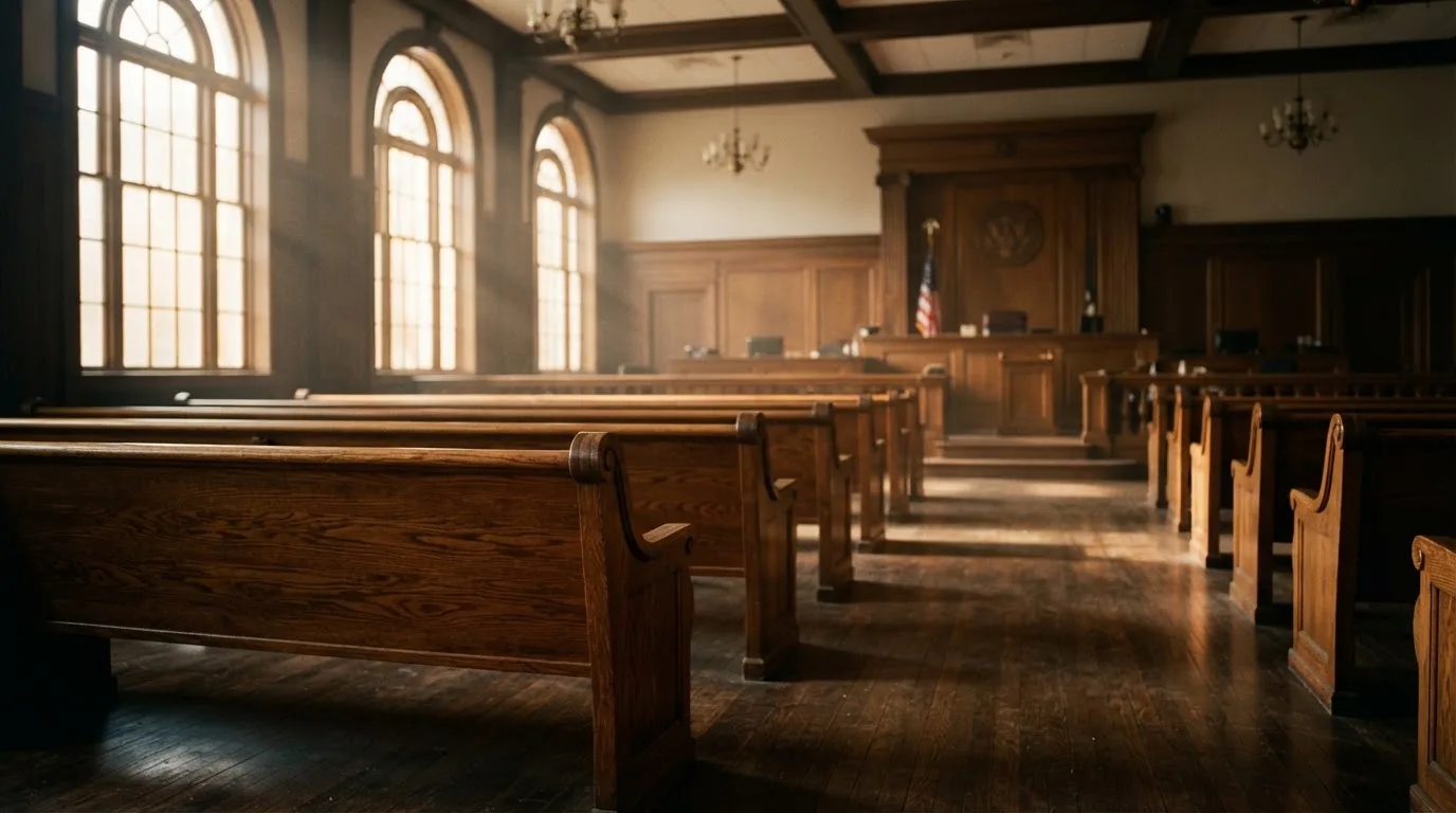 Una sala de tribunal vacía con bancos de madera a la luz de la mañana