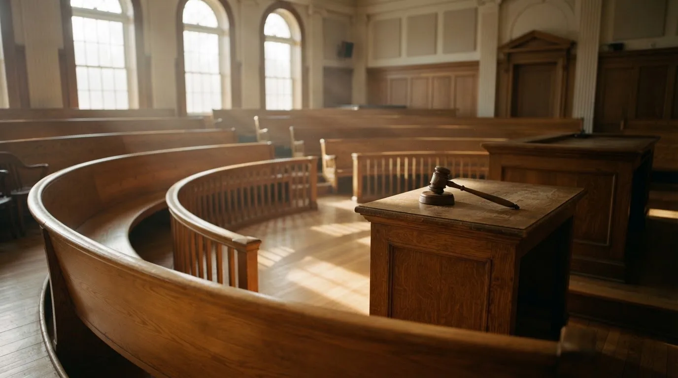 Una sala de tribunal vacía con bancos de madera a la luz de la mañana