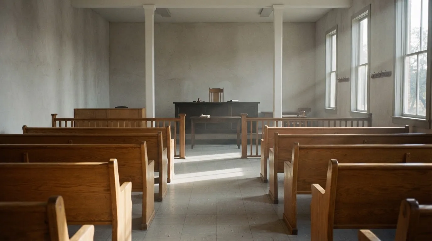 Una sala de tribunal vacía con bancos de madera a la luz de la mañana