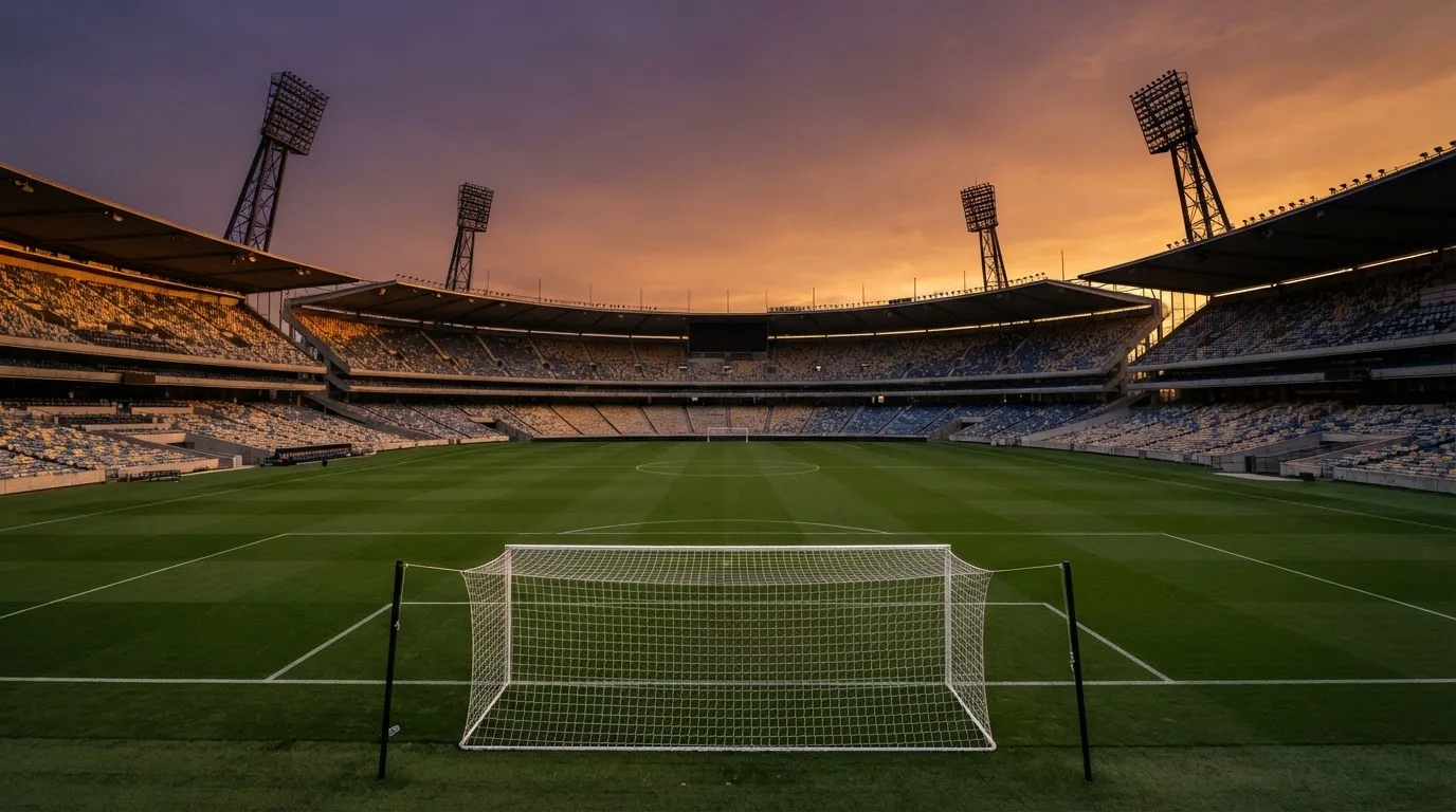 Un estadio de fútbol vacío con torres de iluminación al atardecer