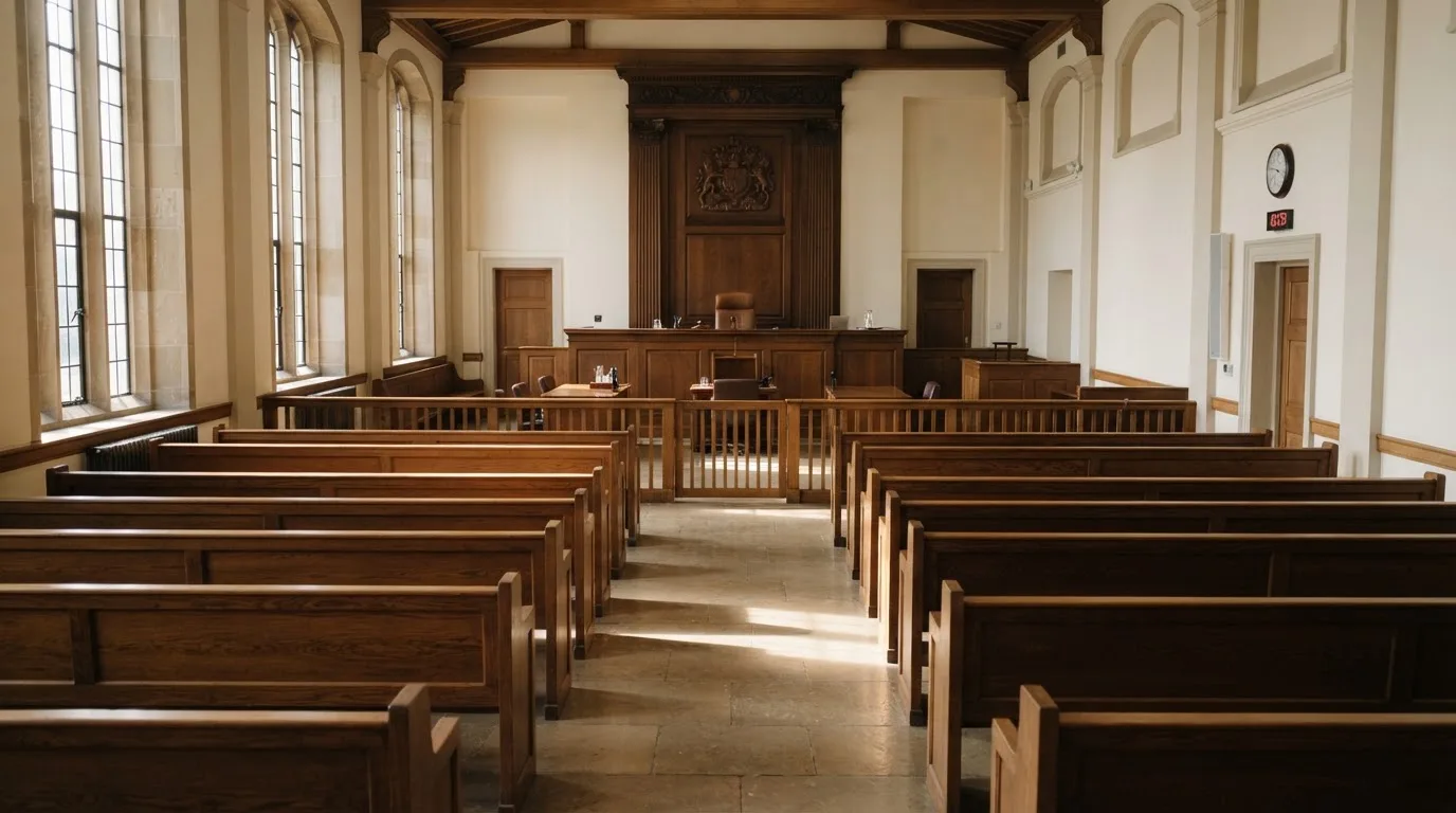 Una sala de tribunal vacía con bancos de madera a la luz de la mañana