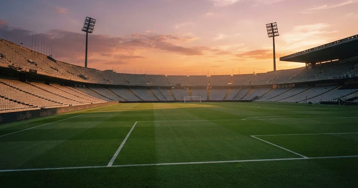 Un estadio de fútbol vacío con torres de iluminación al atardecer
