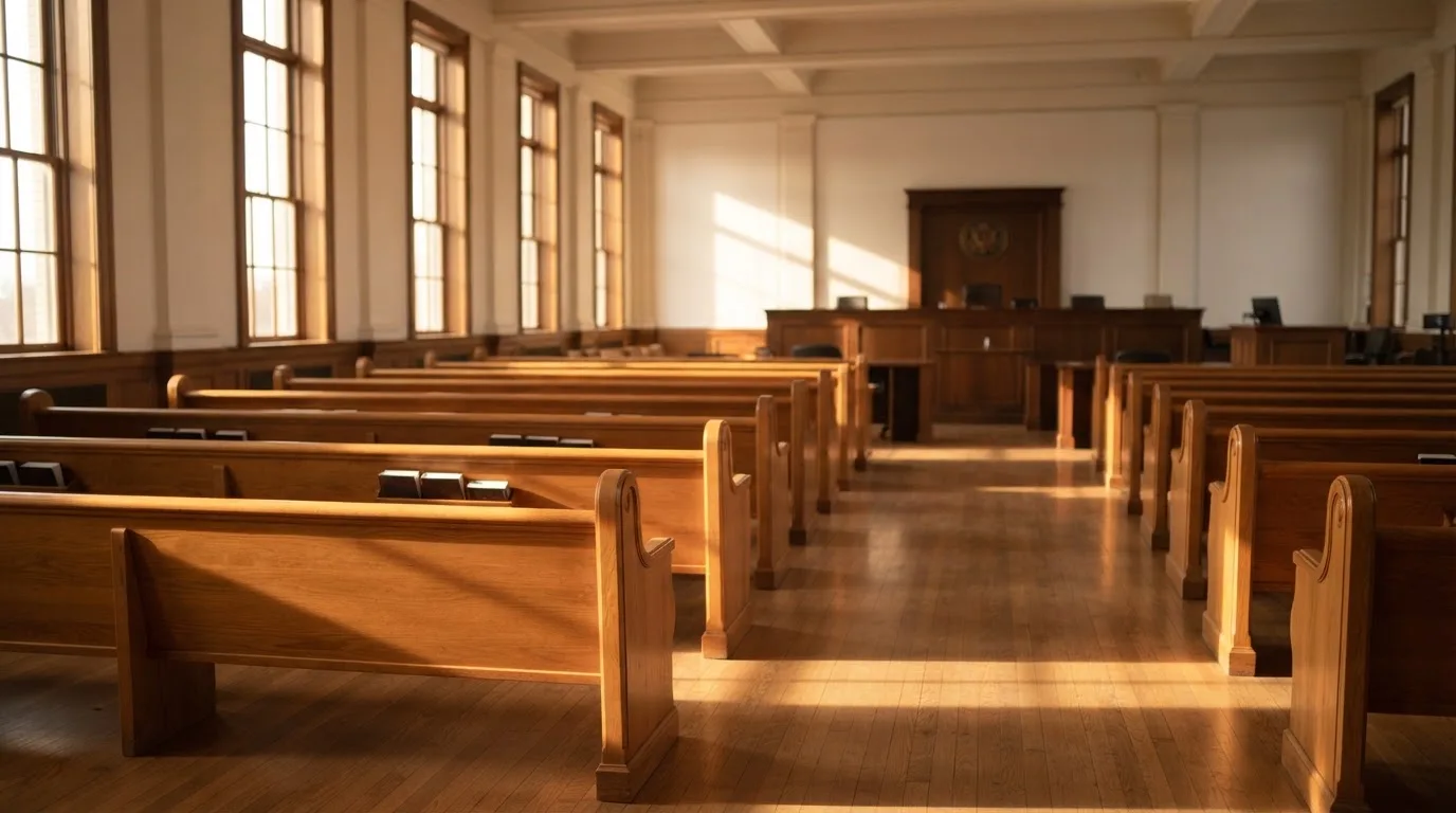 Una sala de tribunal vacía con bancos de madera a la luz de la mañana
