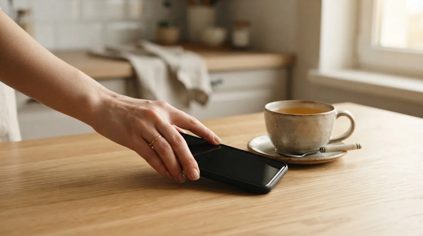 Una mano deja un móvil junto a una taza de té sobre la mesa de la cocina, una tarde tranquila