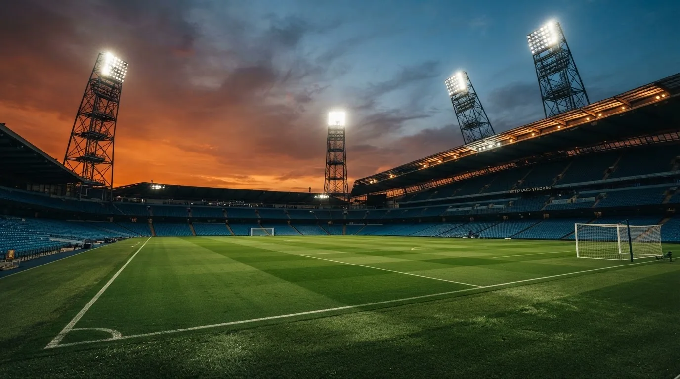 Un estadio de fútbol vacío con torres de iluminación al atardecer
