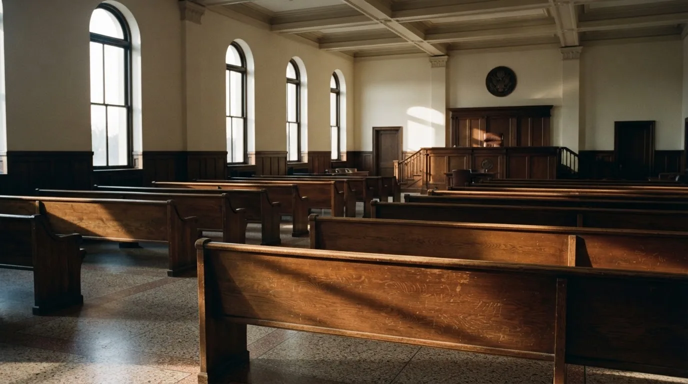 Una sala de tribunal vacía con bancos de madera a la luz de la mañana