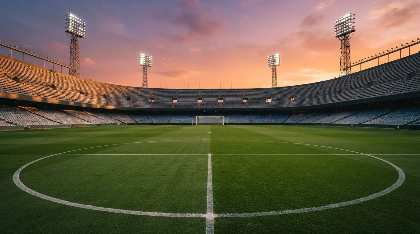 Un estadio de fútbol vacío con torres de iluminación al atardecer