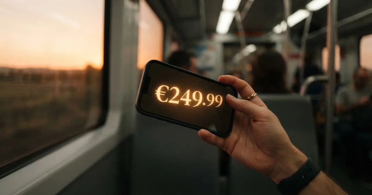 Una mano sostiene un móvil en el tren por la tarde, con la pantalla girada