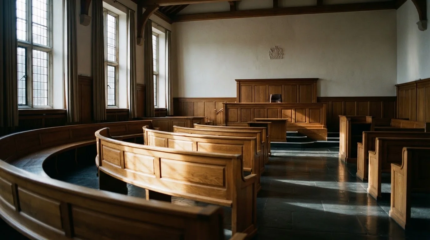 Una sala de tribunal vacía con bancos de madera a la luz de la mañana