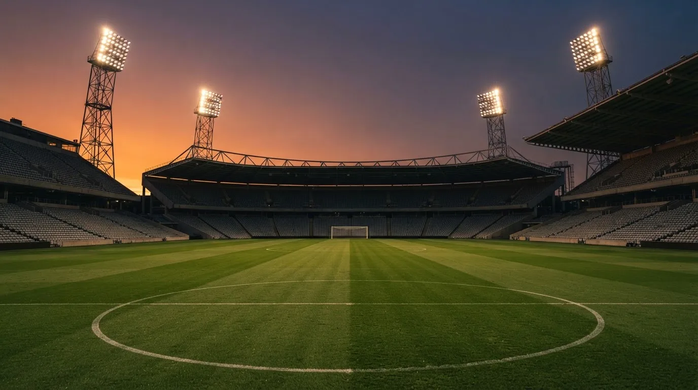 Un estadio de fútbol vacío con torres de iluminación al atardecer