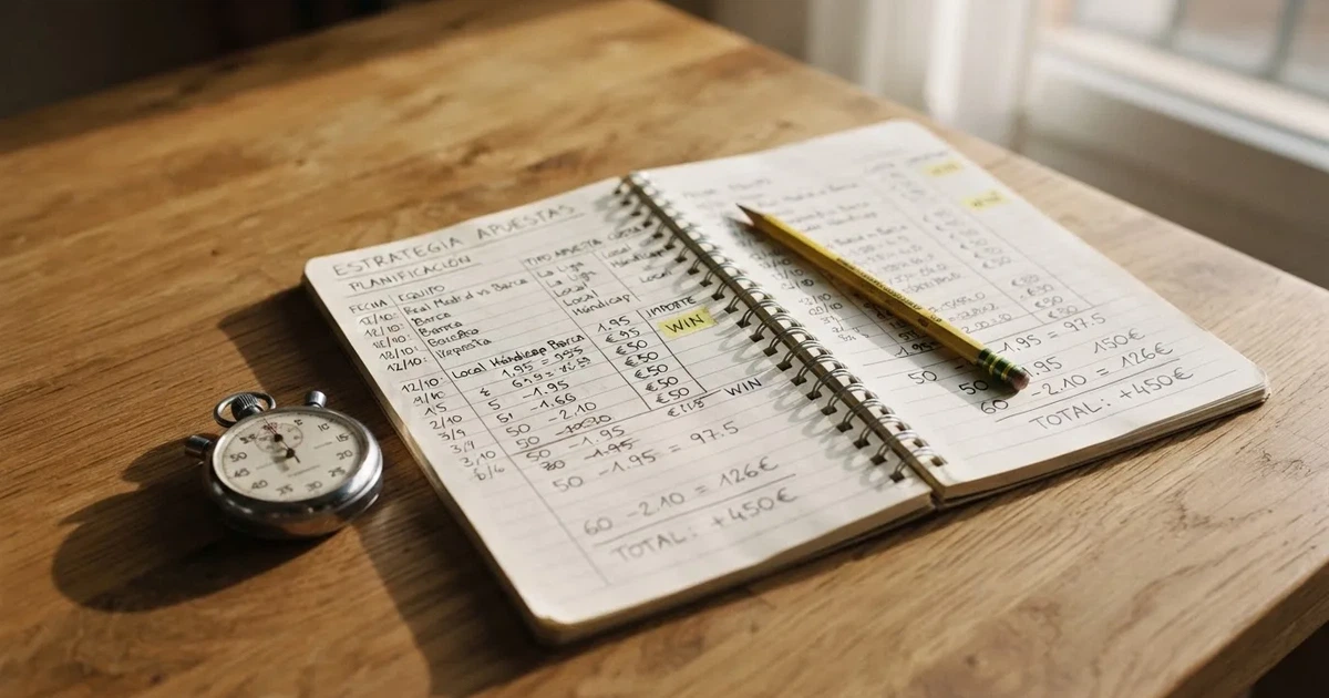 Un cuaderno abierto con un lápiz y un cronómetro sobre una mesa de madera