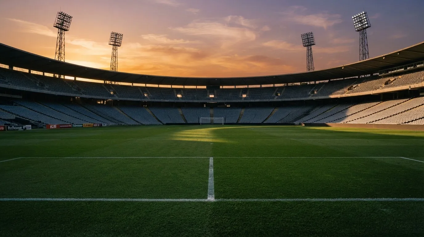 Un estadio de fútbol vacío con torres de iluminación al atardecer