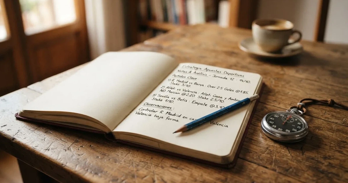 Un cuaderno abierto con un lápiz y un cronómetro sobre una mesa de madera