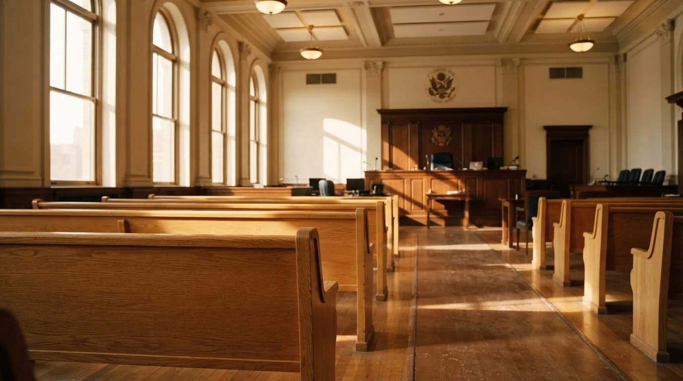 Una sala de tribunal vacía con bancos de madera a la luz de la mañana