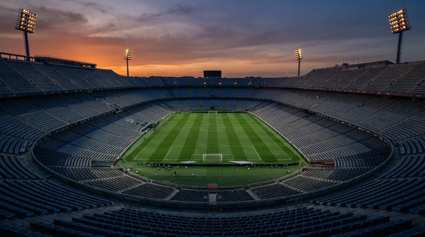 Un estadio de fútbol vacío con torres de iluminación al atardecer