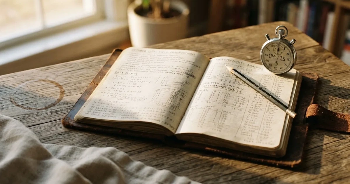 Un cuaderno abierto con un lápiz y un cronómetro sobre una mesa de madera