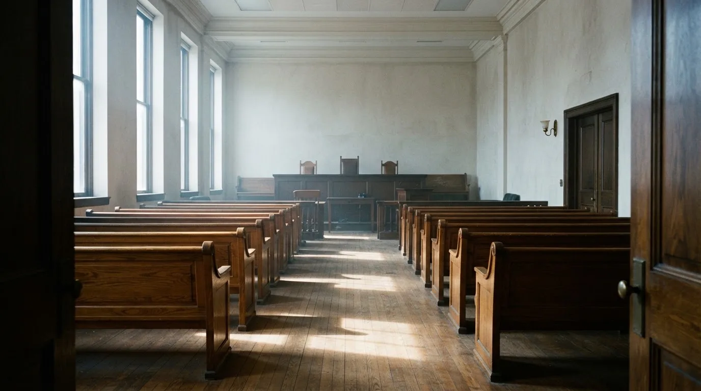 Una sala de tribunal vacía con bancos de madera a la luz de la mañana