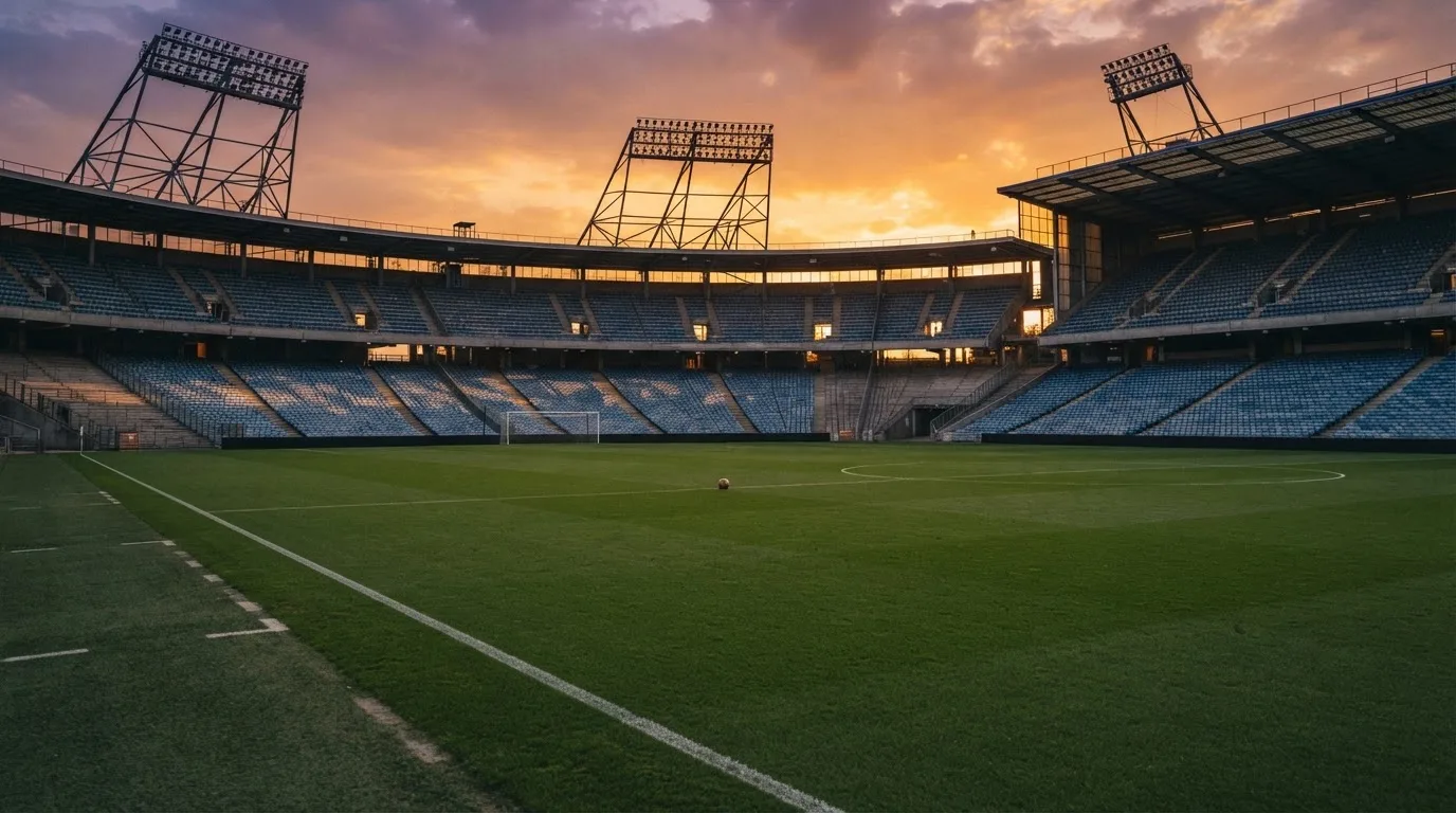 Un estadio de fútbol vacío con torres de iluminación al atardecer