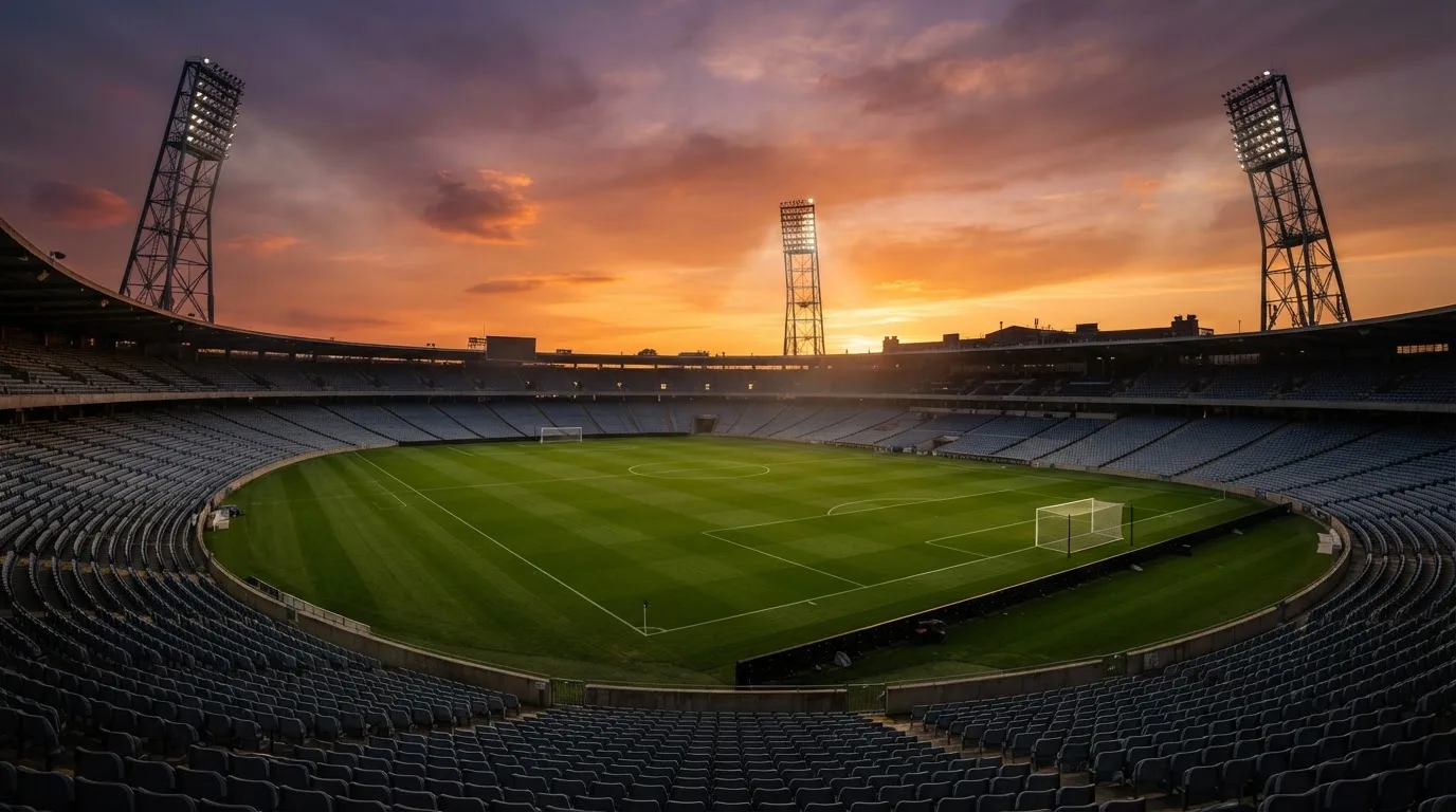 Un estadio de fútbol vacío con torres de iluminación al atardecer