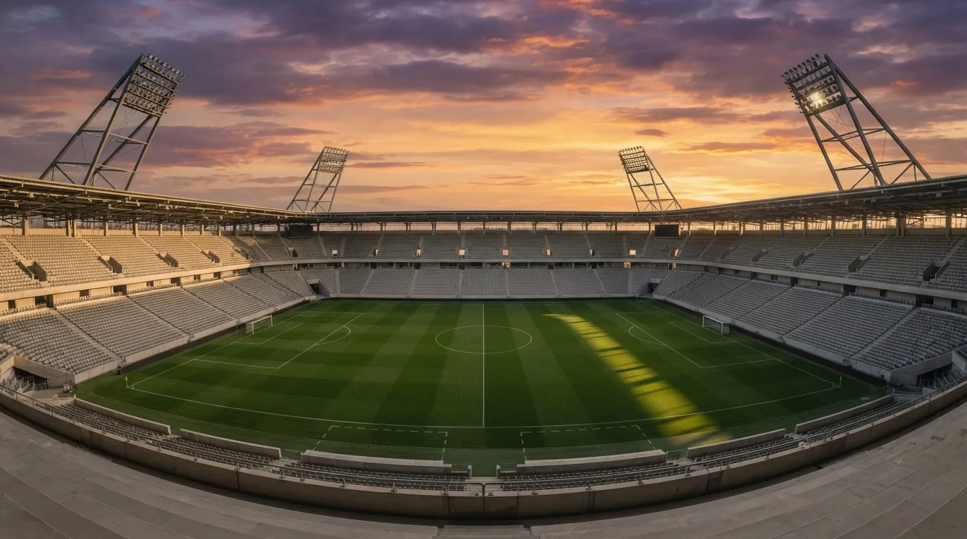 Un estadio de fútbol vacío con torres de iluminación al atardecer