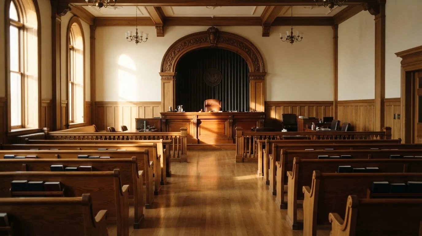 Una sala de tribunal vacía con bancos de madera a la luz de la mañana
