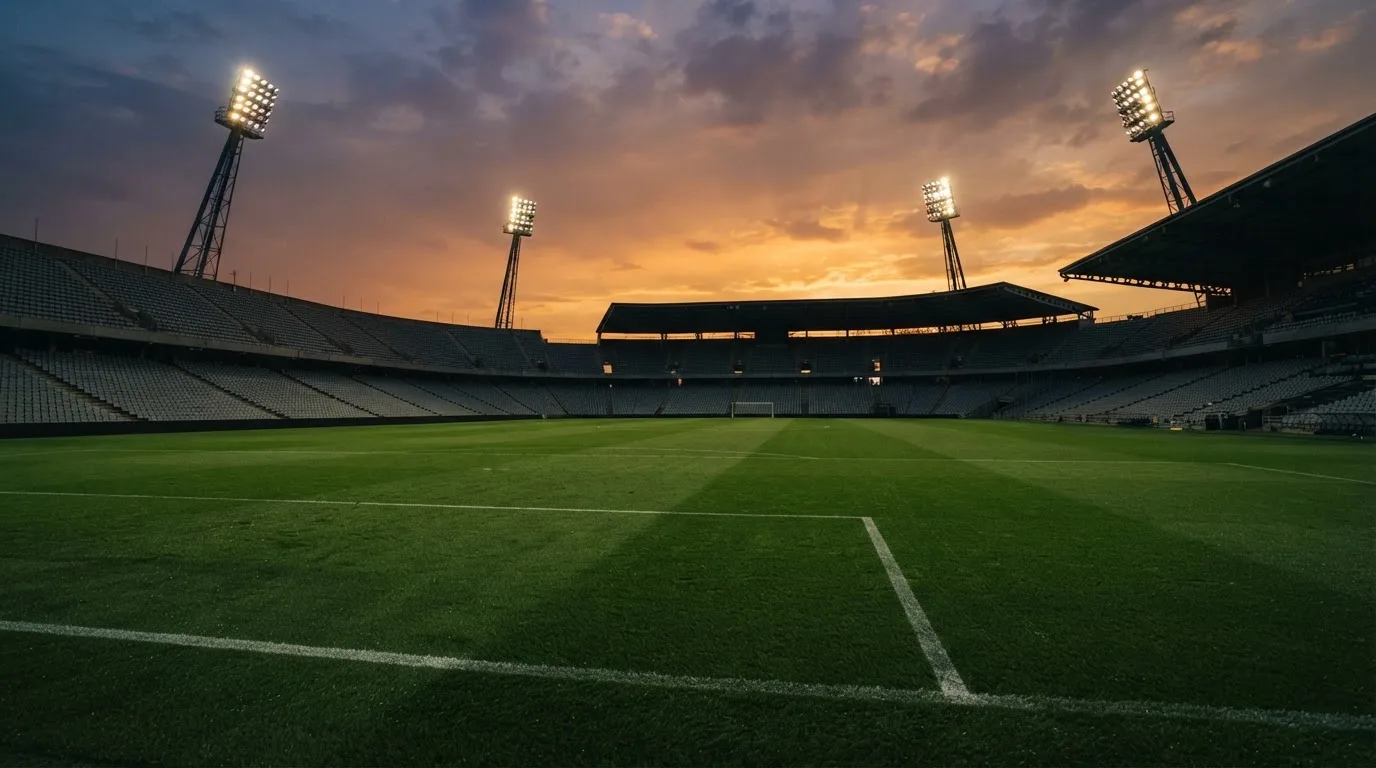 Un estadio de fútbol vacío con torres de iluminación al atardecer
