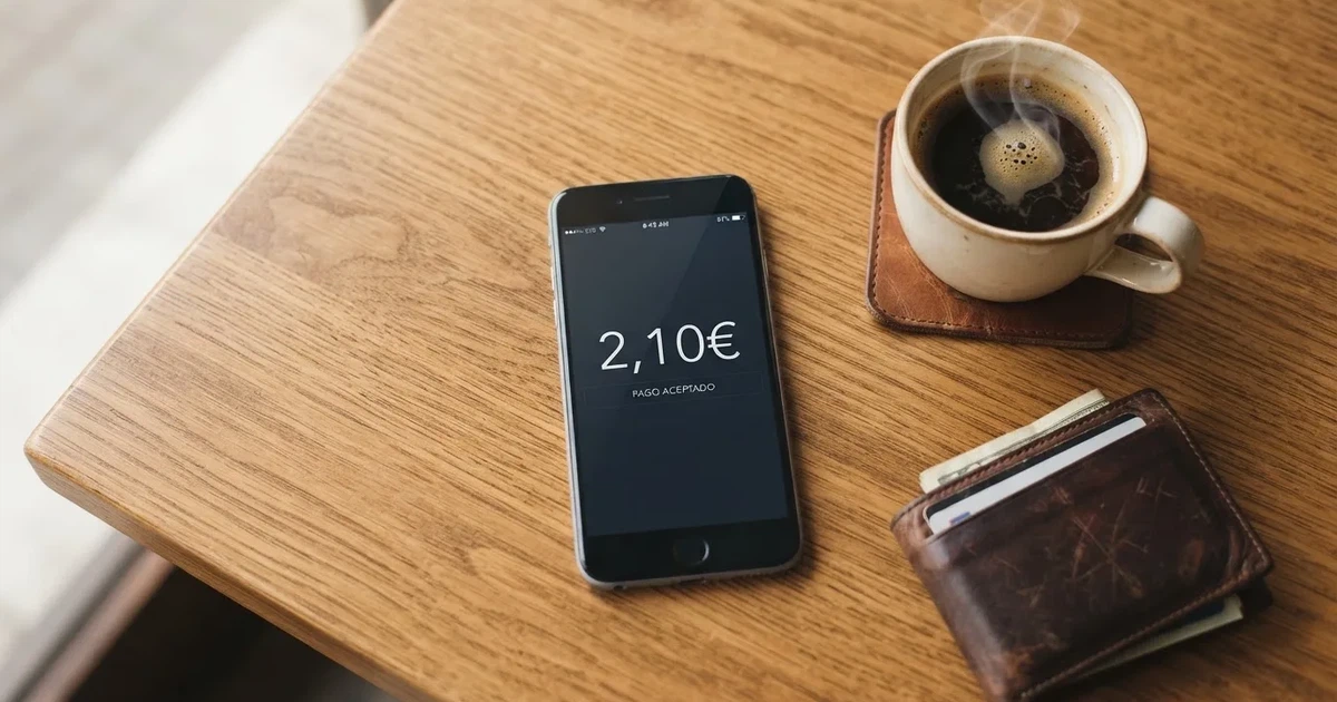 Un móvil sobre una mesa de madera junto a una cartera y una taza de café