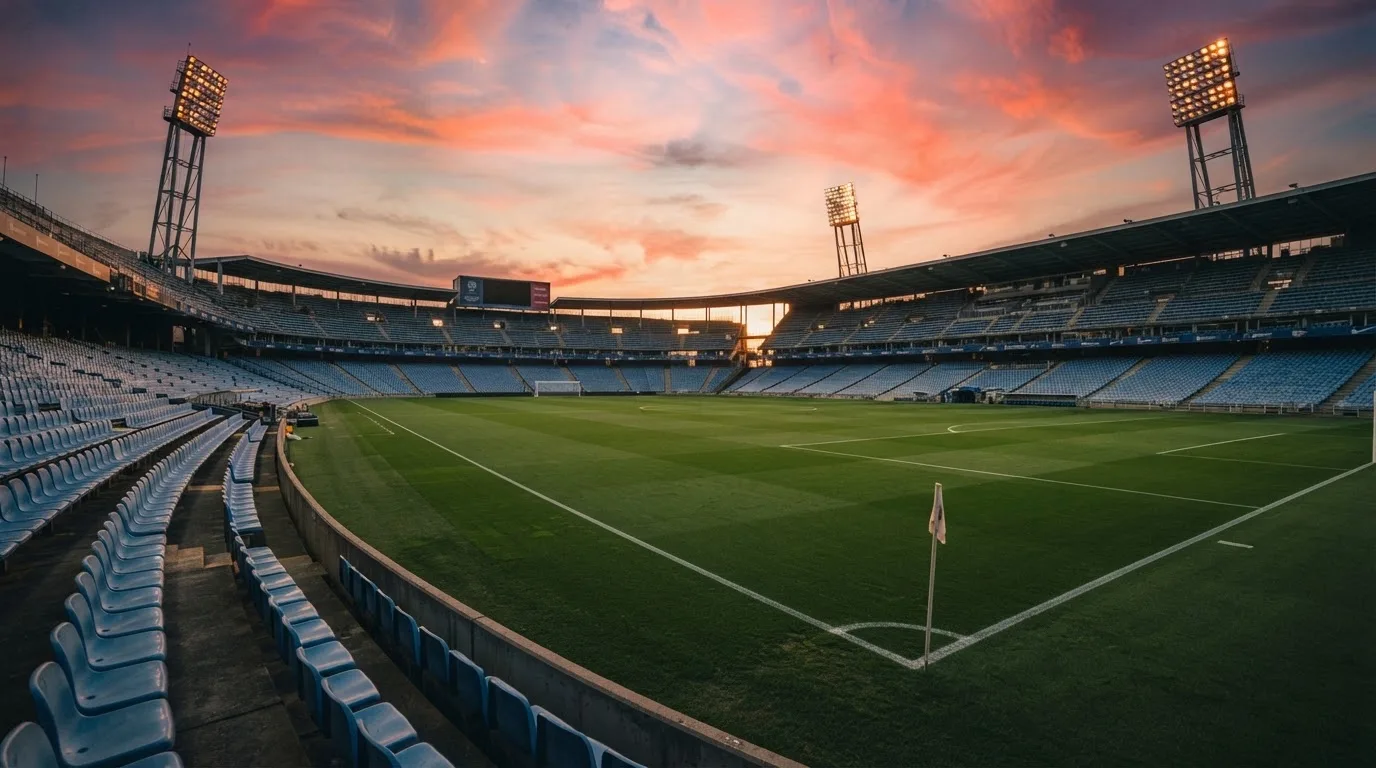 Un estadio de fútbol vacío con torres de iluminación al atardecer